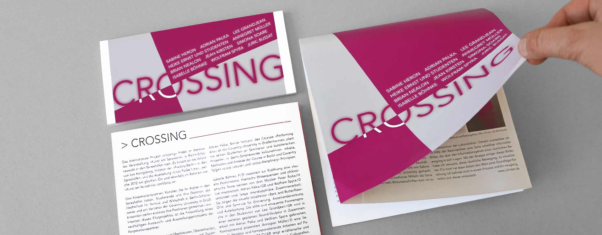 Einladungskarte und Faltblatt zur Ausstellung „Crossing“ in den Spreehöfen in Berlin-Schöneweide; Design: Kattrin Richter | Büro für Grafikdesign