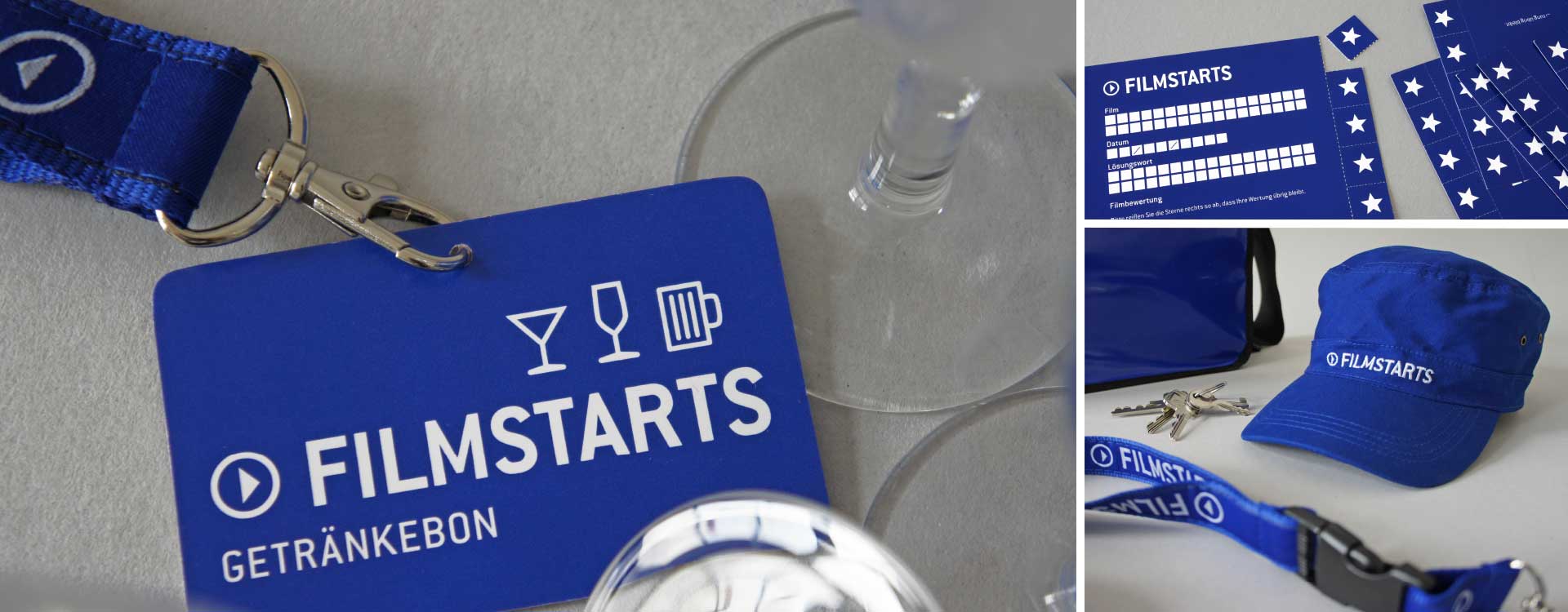 Drink vouchers, film rating cards, and cap with Filmstarts logo