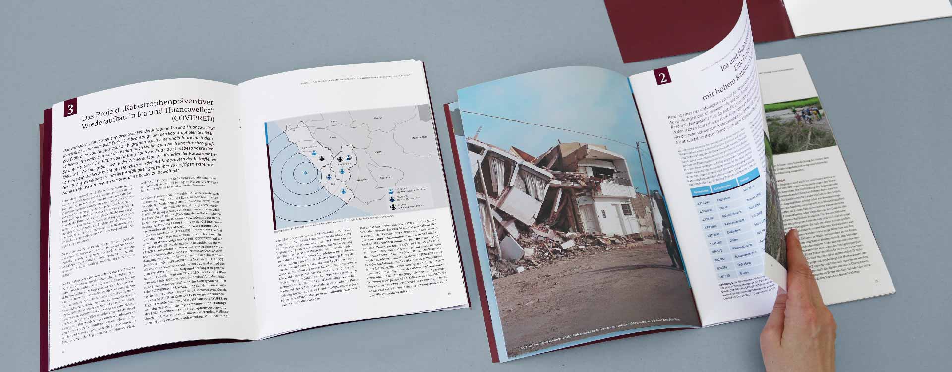 Inside pages of the brochure Disaster Preventive Reconstruction in Peru of the GIZ; Design: Kattrin Richter | Graphic Design Studio