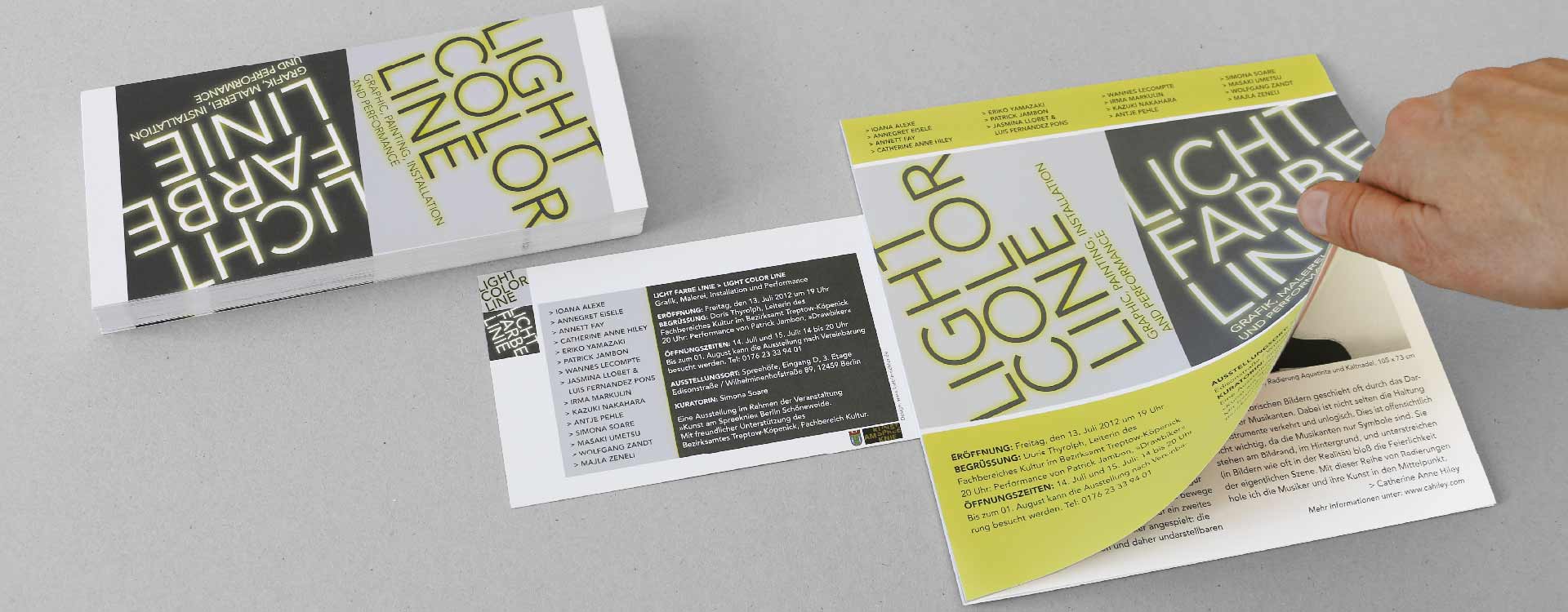 Faltblatt und Einladungskarte zur Ausstellung „Licht Farbe Linie“ in den Spreehöfen in Berlin-Schöneweide; Design: Kattrin Richter | Büro für Grafikdesign