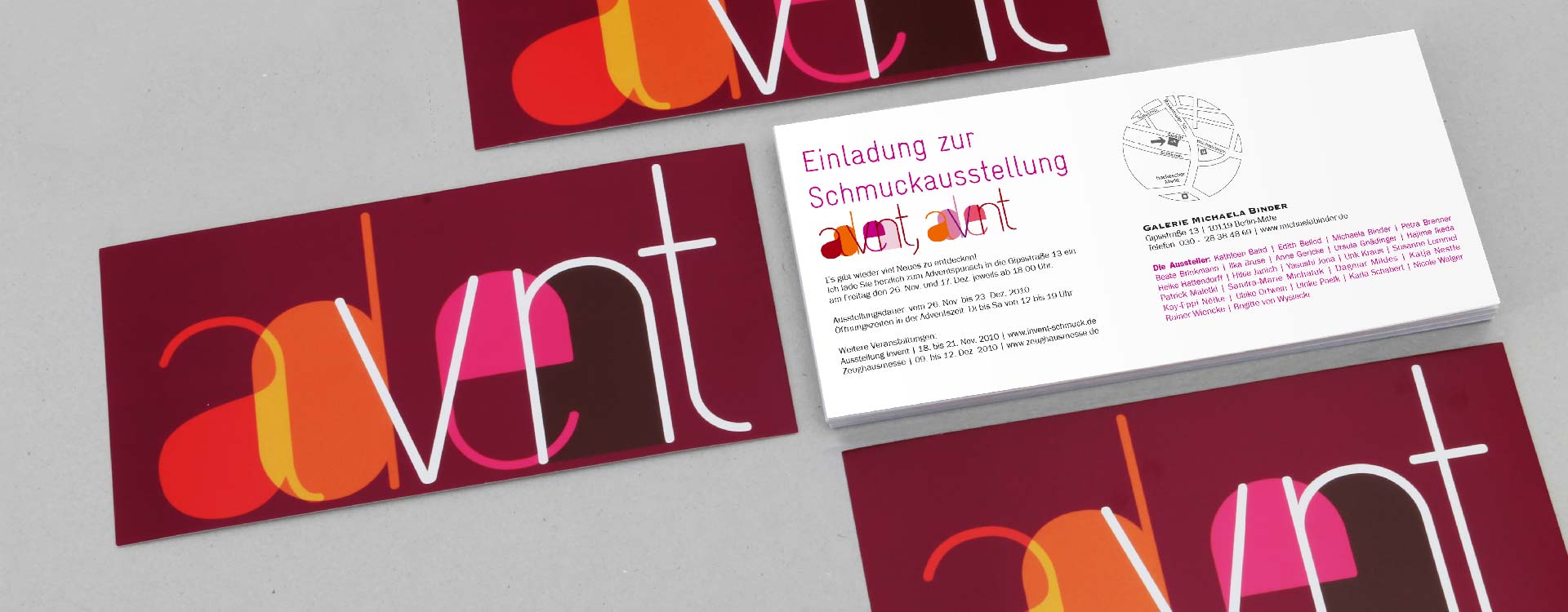 Einladungskarte zur Schmuckausstellung 2010 in der Galerie Michaela Binder, Berlin; Design: Kattrin Richter | Büro für Grafikdesign