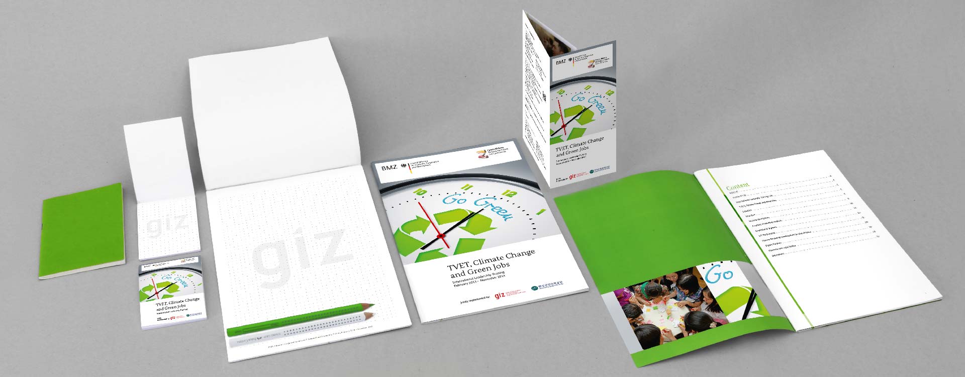 Drucksachen für das Projekt der GIZ Magdeburg „Technische Berufsausbildung, Klimawandel und Grüne Jobs“; Design: Kattrin Richter | Büro für Grafikdesign