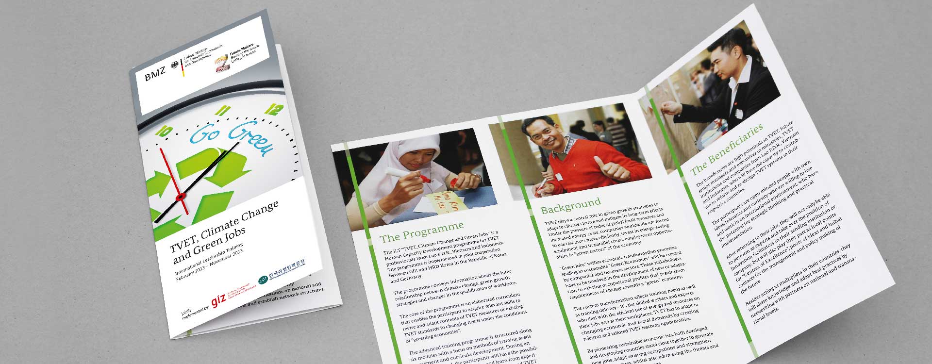 Leaflet for the project of the GIZ Magdeburg Technical Vocational Education and Training, Climate Change and Green Jobs; Design: Kattrin Richter | Graphic Design Studio