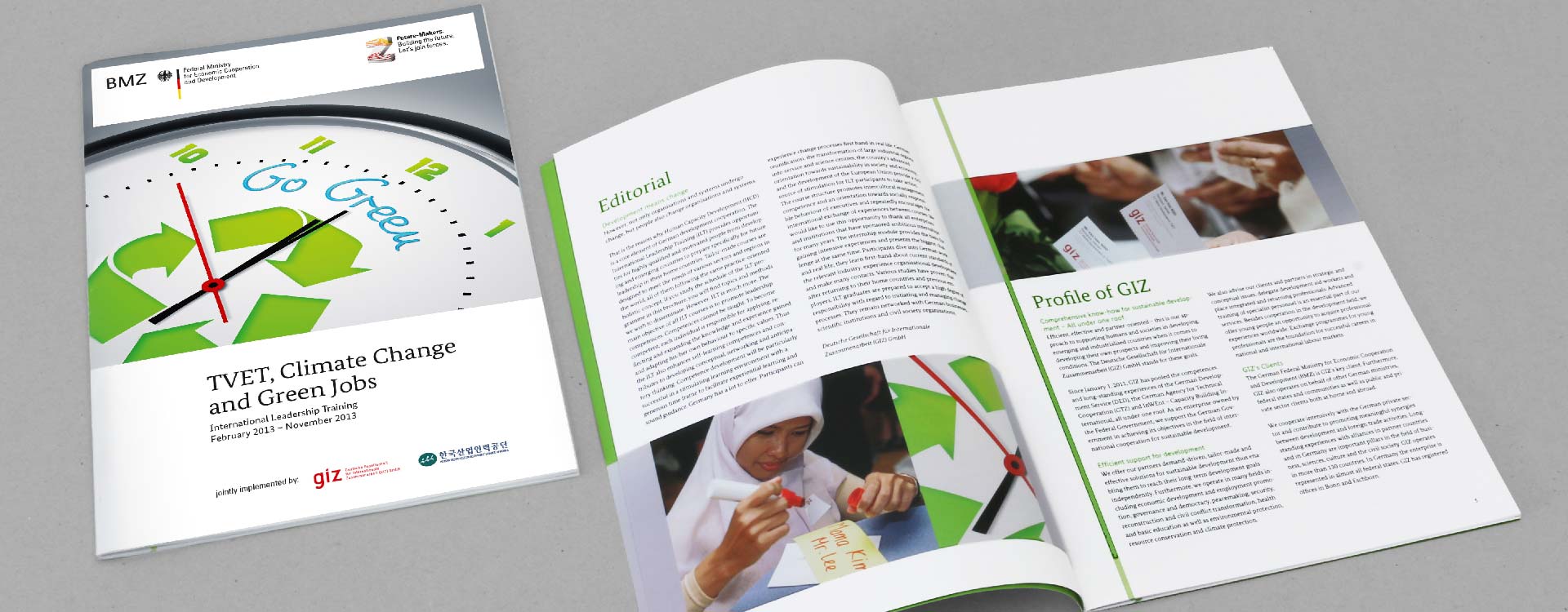 Front cover and inside pages of the brochure Technical Vocational Education and Training, Climate Change and Green Jobs of the GIZ Magdeburg; Design: Kattrin Richter | Graphic Design Studio