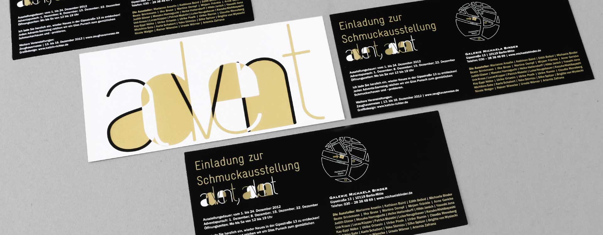 Einladungskarte mit Heißfolienprägung zur Schmuckausstellung 2012 in der Galerie Michaela Binder, Berlin; Design: Kattrin Richter | Büro für Grafikdesign 